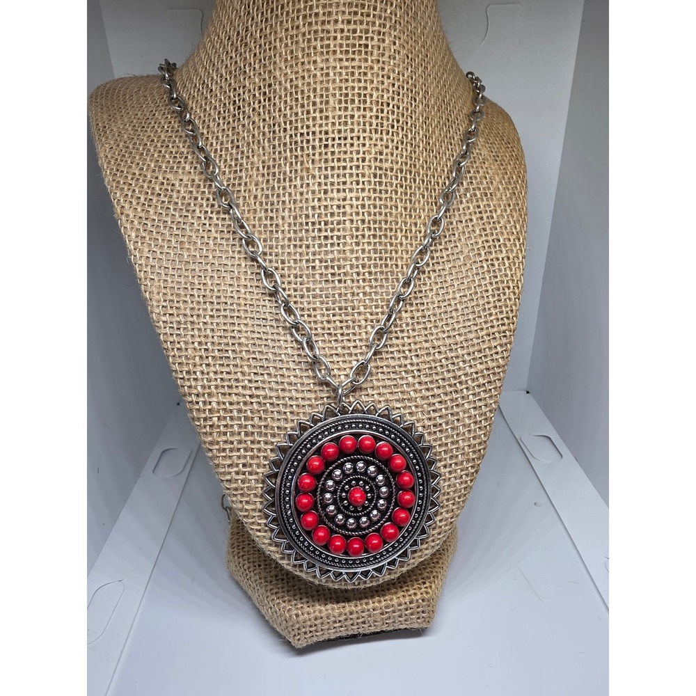 Red Beaded Pendant Necklace Silver Tone Chain Statement Fashion Jewelry